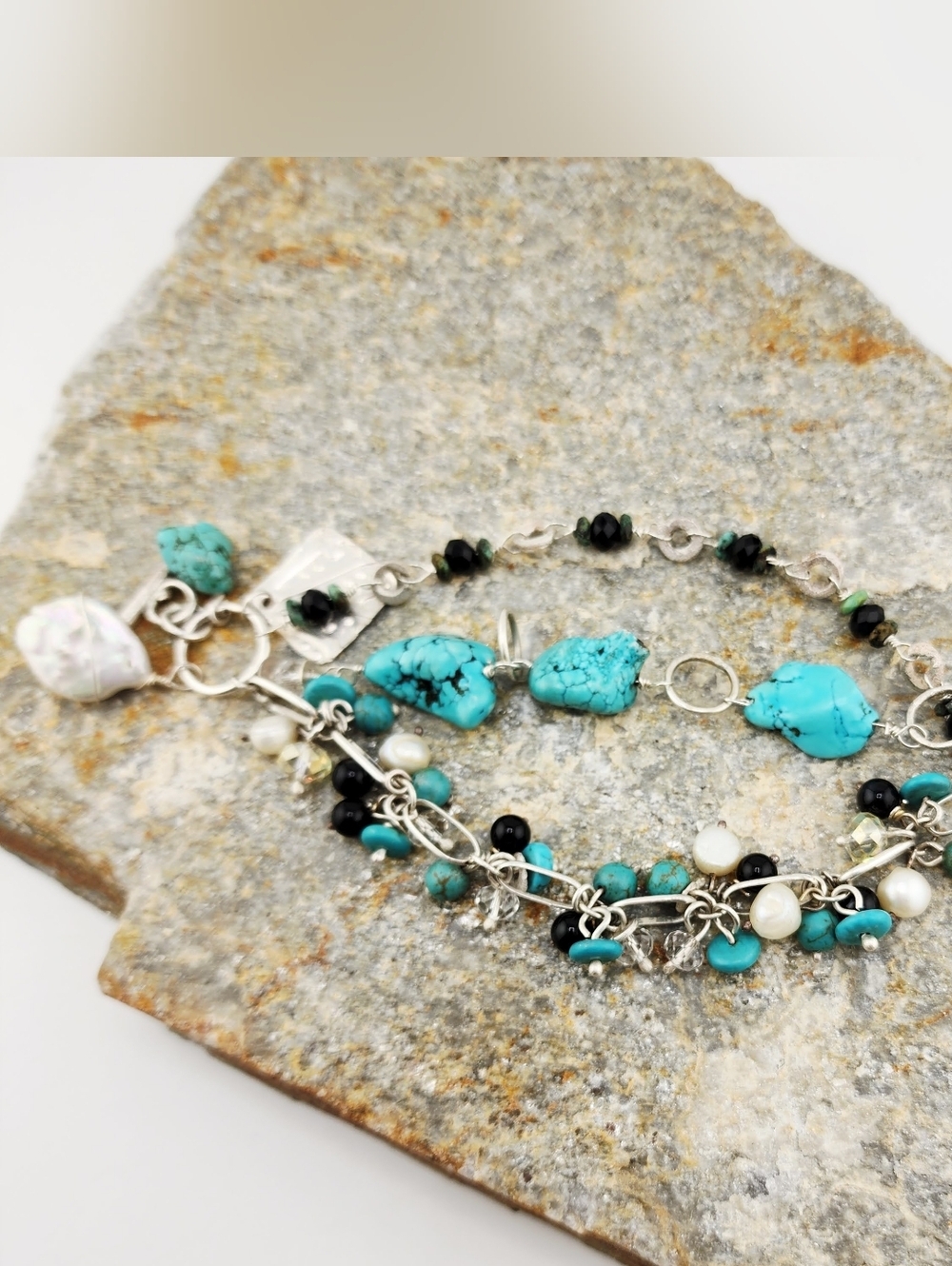 BANGLE HANDMADE BRACELET TURQUOISE, ONYX & PEARLS HANDMADE IN STERLING SILVER - Picture 8 of 14